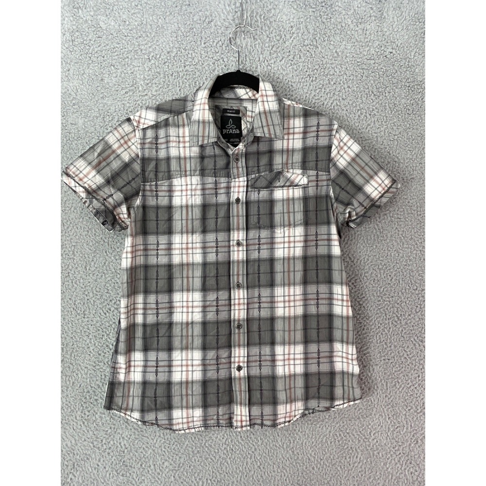 Prana Button Down Shirt Mens Medium Gray Plaid Slim Fit Hiking Camping Travel
